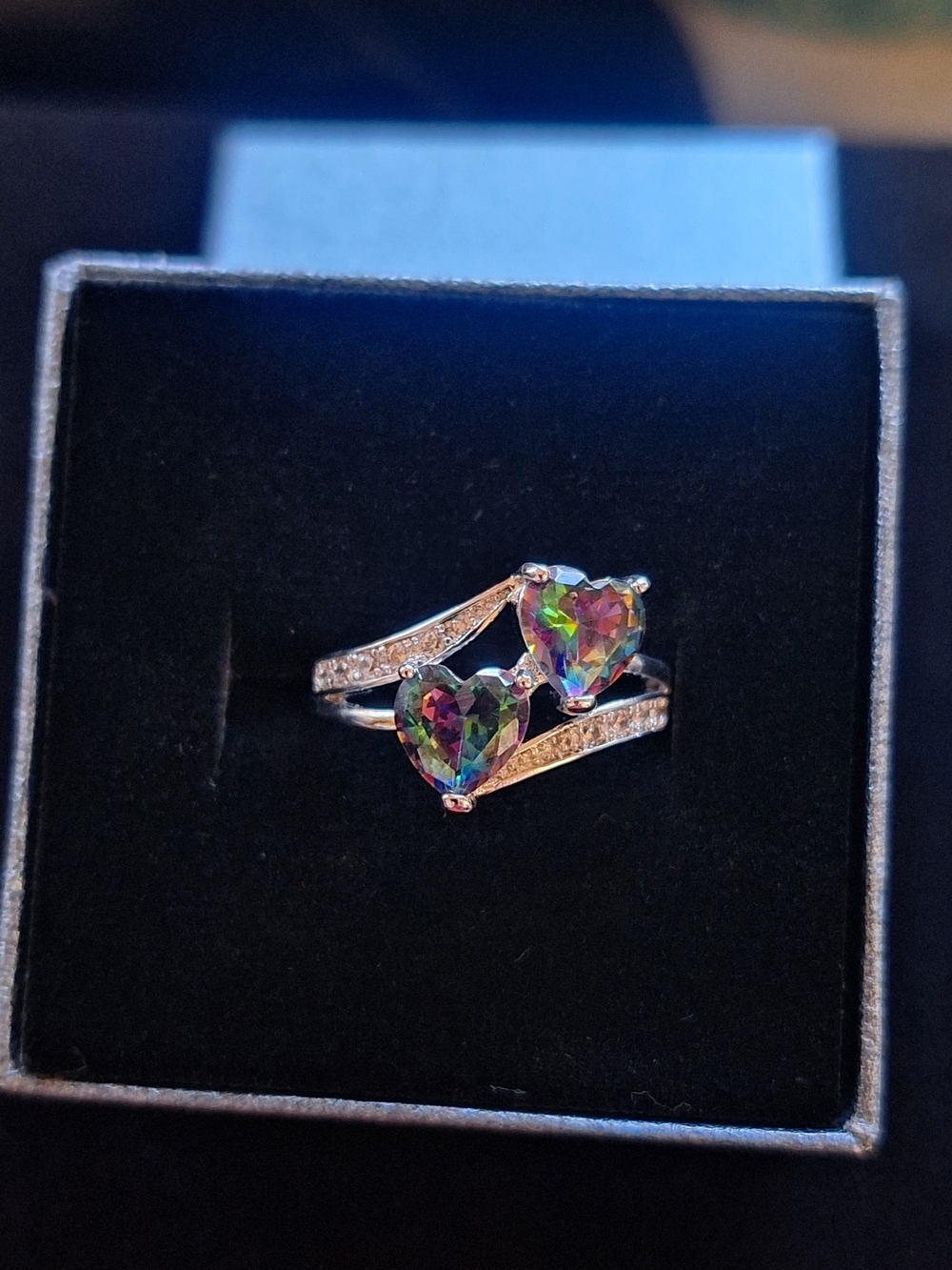 Peacock Topaz Sterling Silver Double-Heart Ring - Women Jewelry